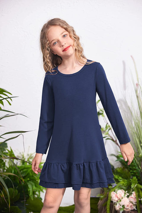 Arshiner Girls Cotton Long Sleeve A-Line Ruffle Hem Dress