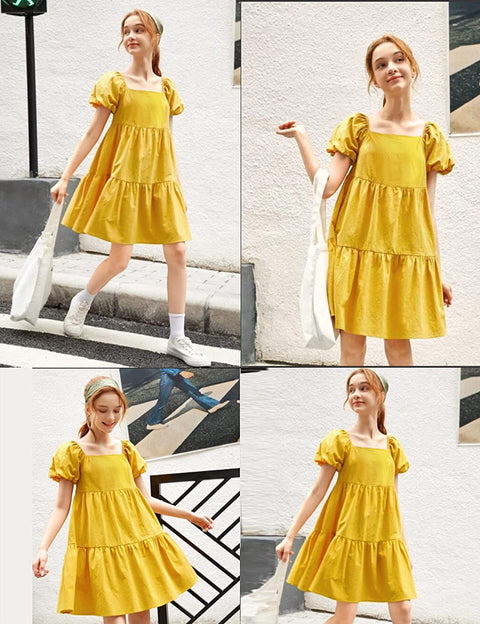 Arshiner Girls Dress Short Puff Sleeve Loose Tiered Ruffle Casual Dresses Square Neck