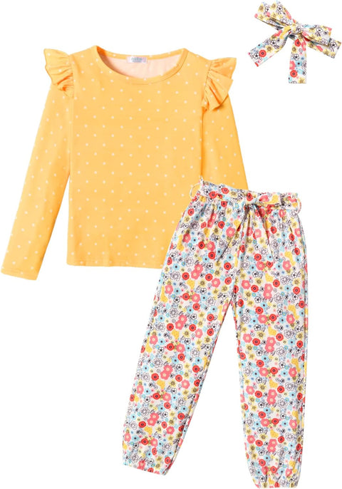 Arshiner Toddler Girl Outfits 3 Pieces Ruffle Tops And Floral Pants Set With Headband Kids Girls Joggers Outfit