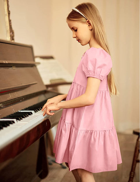 Arshiner Girls Dress Short Puff Sleeve Loose Tiered Ruffle Casual Dresses Square Neck