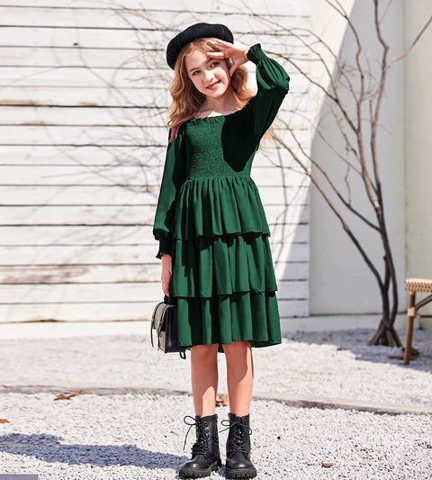 Arshiner Girls Long-Sleeve Tiered Dresses Square Neck Lantern Smocked Ruffle Layered Tie Back Dress