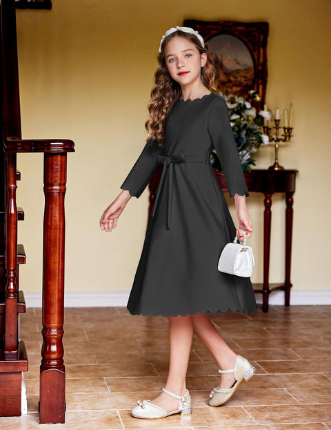 Arshiner Girls Party Dress Scallop Trim Belted A-Line Formal Midi Dresses with Pockets for 6-15Y