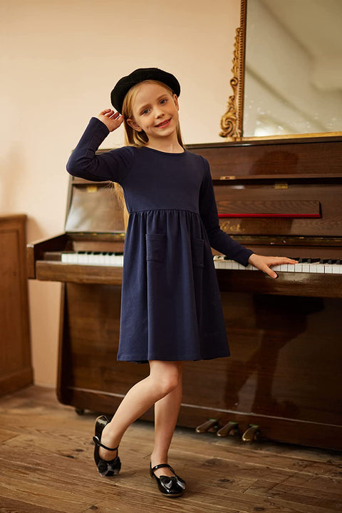 Arshiner Little Girls Dress Long Sleeve Casual Skater Pocket Dress