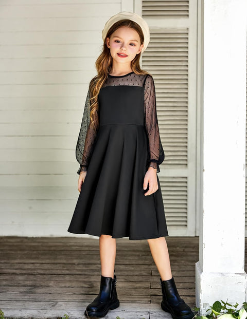 Arshiner Girl's Contrast Mesh Puff Long Sleeve High Waist A Line Short Dress with Pockets for 6-13 Years