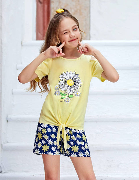 Arshiner Girls 2 Piece Outfits Cold Shoulder Tie Knot T-Shirt and Shorts Set