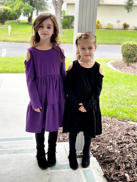 Arshiner Girls Long Sleeve Cold Shoulder Tiered Ruffle Pleated Pockets Dress for 4-14 Years