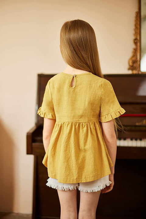 Arshiner Girls Cotton Linen Short Sleeve Blouses Ruffles Tunic Tops Summer Beach Tee Shirt