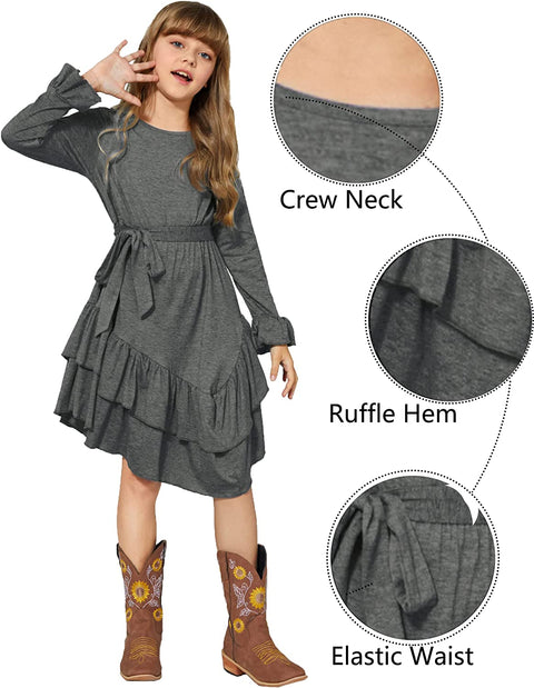 Arshiner Girls Dresses Long Sleeve Loose Plain Ruffle Swing Midi Dress