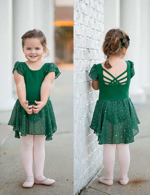 Arshiner Girls Shiny Ruffle Sleeve Ballet Leotard with Skirt