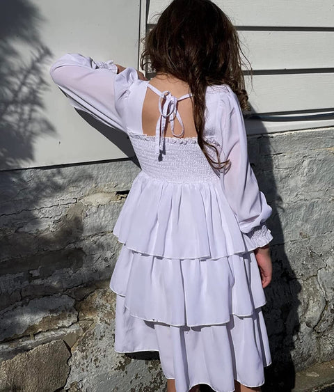 Arshiner Girls Long-Sleeve Tiered Dresses Square Neck Lantern Smocked Ruffle Layered Tie Back Dress