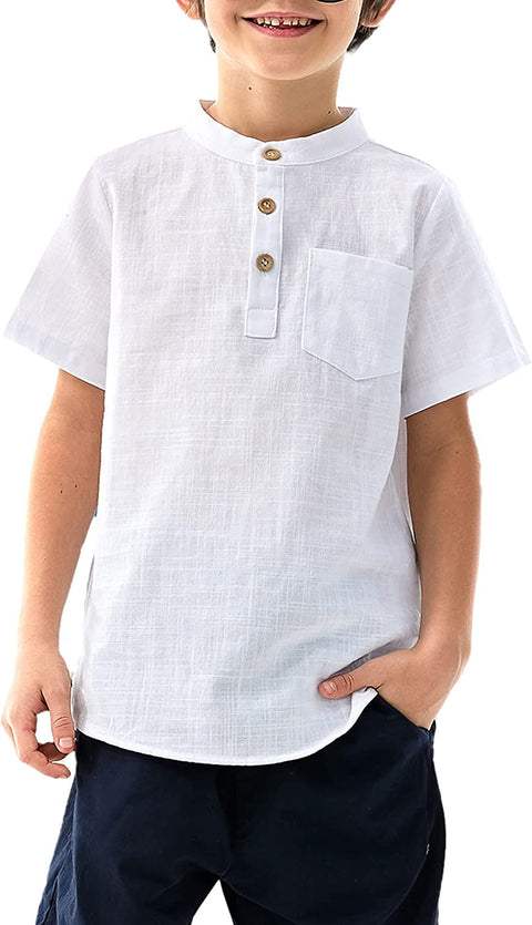 Arshiner Boys Linen Shirt Button Down Henley Short Sleeve Casual Dress Summer Beach T Shirts Top with One Pocket
