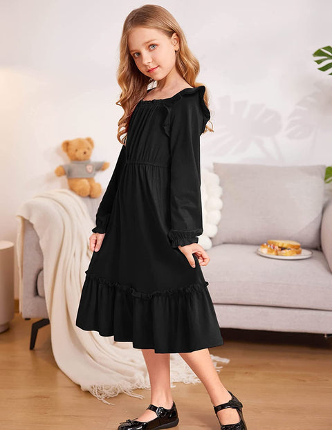 Arshiner Girls Trendy Long Sleeve Ruffle Hem Elastic Waist Dresses