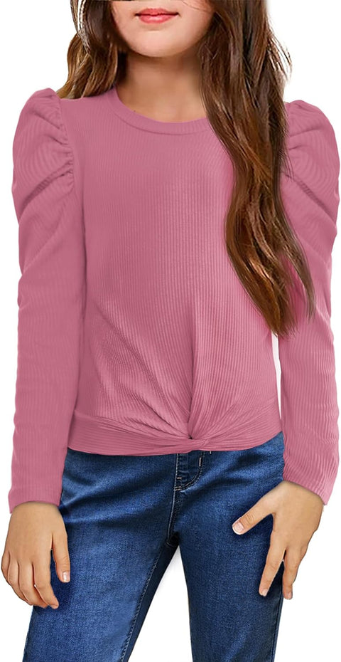 Arshiner Girls Puff Long Sleeve Shirts Twist Front Ribbed Knit T Shirt Crop Tops Tee Blouse