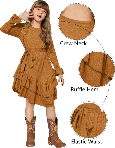 Arshiner Girls Dresses Long Sleeve Loose Plain Ruffle Swing Midi Dress