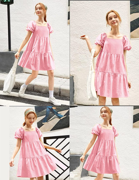 Arshiner Girls Dress Short Puff Sleeve Loose Tiered Ruffle Casual Dresses Square Neck