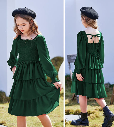 Arshiner Girls Long-Sleeve Tiered Dresses Square Neck Lantern Smocked Ruffle Layered Tie Back Dress