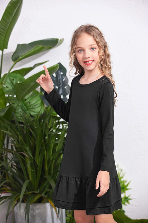 Arshiner Girls Cotton Long Sleeve A-Line Ruffle Hem Dress