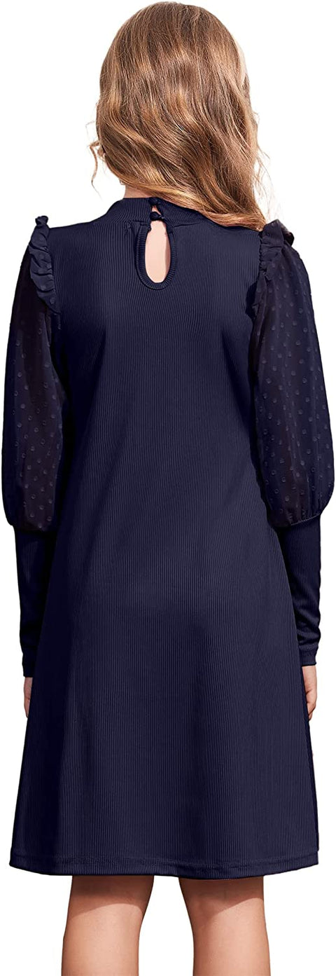 Arshiner Girl's Sheer Contrast Mesh Long Sleeve Stand Collar Casual Vintage A-line Party Dress for 5-13 Years