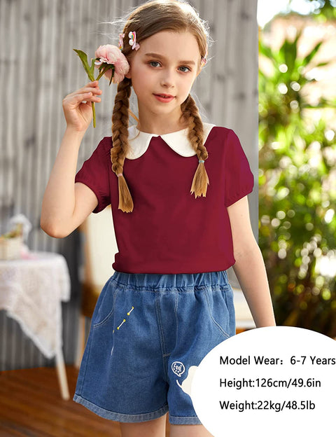 Arshiner Girls Long/Short Sleeve Tops Basic Peter Pan Collar T-Shirts Soft Blouses Tees