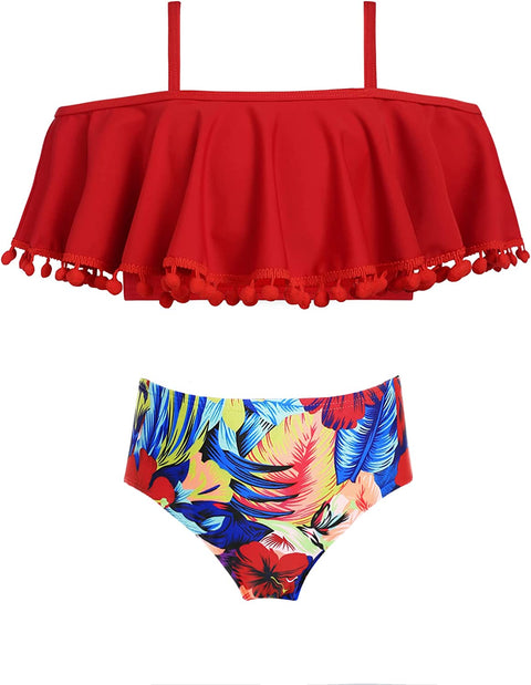 Arshiner Girls Bathing Suit Two Pieces Bikini Set Ruffle Pompon Tassel Summer Beach Swimsuit