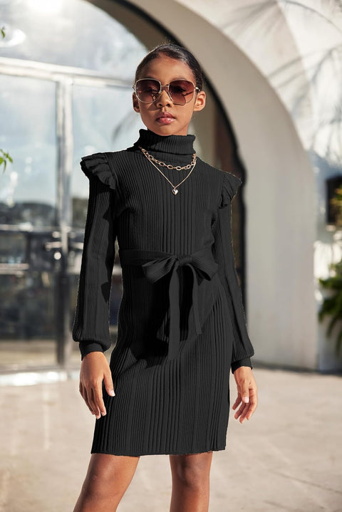 Arshiner Girls Sweater Dress Ruffled Long Sleeve Turtleneck Knit Midi Dress with Detachable Belt