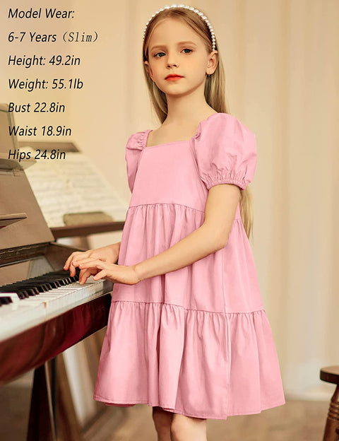 Arshiner Girls Dress Short Puff Sleeve Loose Tiered Ruffle Casual Dresses Square Neck