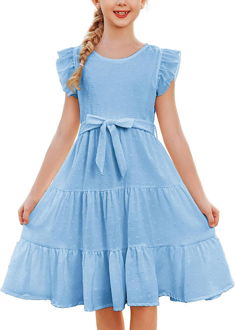 Arshiner Girls Summer Dresses Ruffle Sleeve Swiss Dots Flared Tiered Casual Dress with Belt