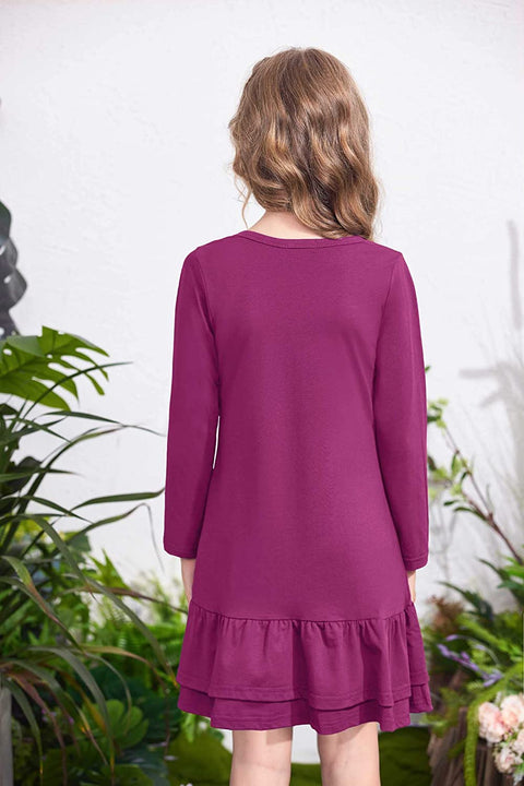 Arshiner Girls Cotton Long Sleeve A-Line Ruffle Hem Dress