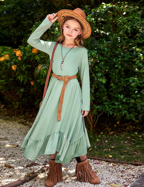 Arshiner Girls Long Sleeve Fall Dress Smocked Waist Round Neck Casual Maxi Western Dress for Kids 6-12 Years