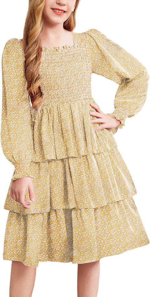 Arshiner Girls Long-Sleeve Tiered Dresses Square Neck Lantern Smocked Ruffle Layered Tie Back Dress