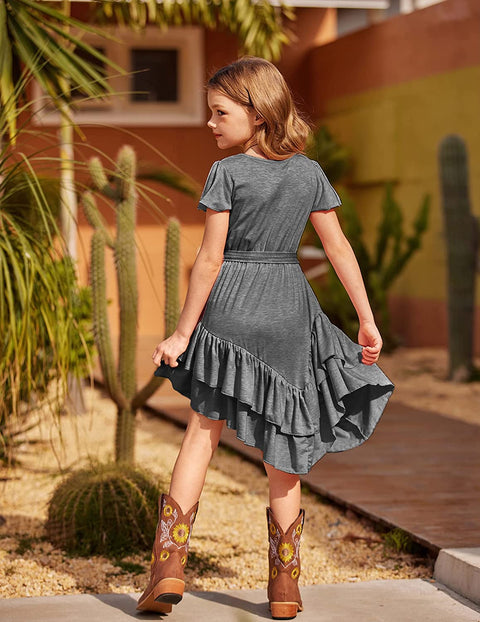 Arshiner Girls Dresses Long Sleeve Loose Plain Ruffle Swing Midi Dress