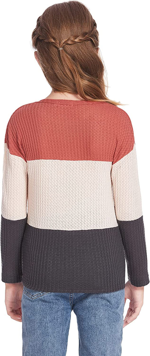 Arshiner Girls Knit Tops Colorblock Shirts Long Sleeve Sweaters