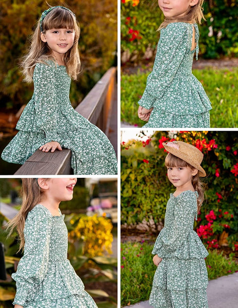 Arshiner Girls Long-Sleeve Tiered Dresses Square Neck Lantern Smocked Ruffle Layered Tie Back Dress