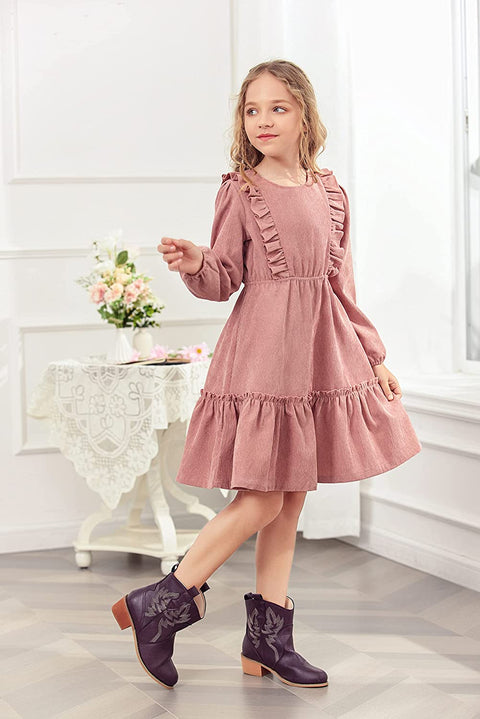 Arshiner Girls Dresses A-line Ruffled Button Corduroy Swing Dress