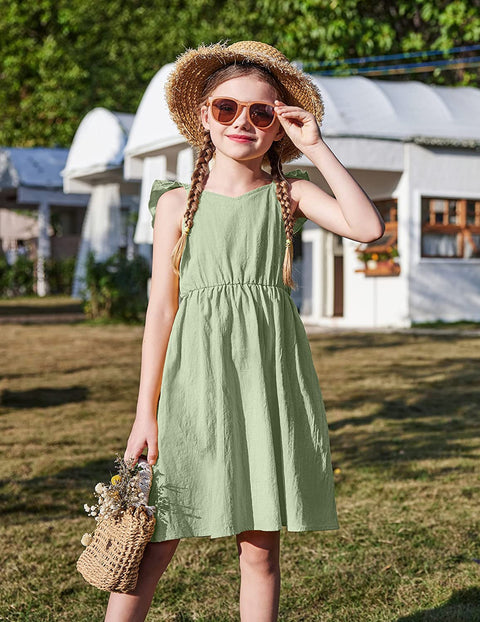 Arshiner Girls Linen Ruffle Backless Dress