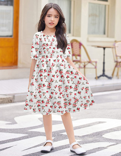 Arshiner Girls Summer Dress Short Puff Sleeve Floral Dress