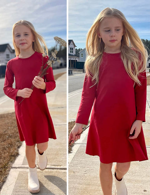 Arshiner Girls Dress Kids Long Sleeve Solid Color Casual T-Shirt Dress