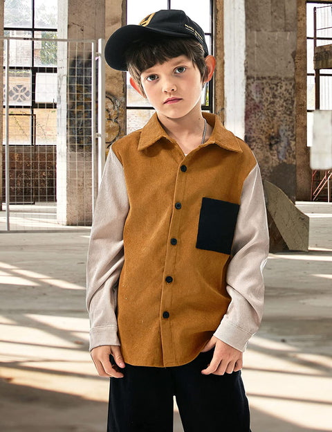 Arshiner Boys Corduroy Button Down Shirts Long Sleeve Retro Shacket Jacket Top