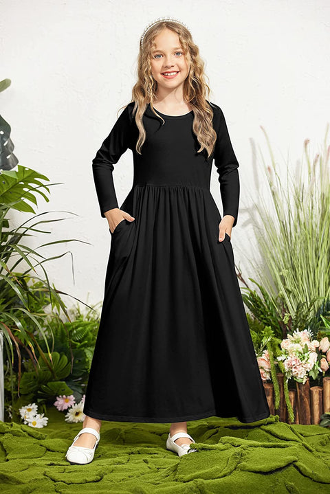 Arshiner Girls Long Sleeve Solid Loose Casual Maxi Dress