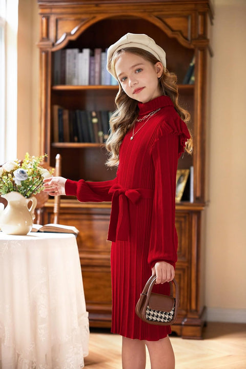 Arshiner Girls Sweater Dress Ruffled Long Sleeve Turtleneck Knit Midi Dress with Detachable Belt