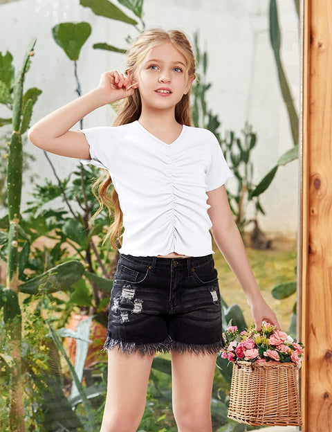 Arshiner Girls Summer Crop Top Short Sleeve Solid Shirt Trim Ruched Tee T-Shirt