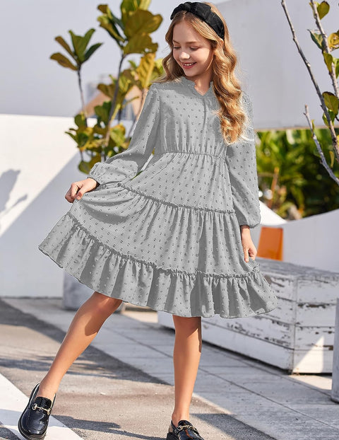 Arshiner Girls Dresses Long Sleeve Swiss Dot V Neck Ruffle Tiered Casual Party Dress