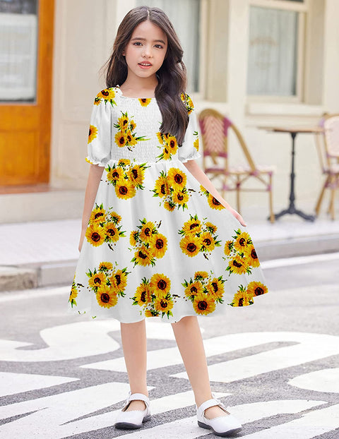 Arshiner Girls Summer Dress Short Puff Sleeve Floral Dress