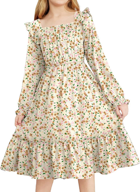 Arshiner Girls Trendy Long Sleeve Ruffle Hem Elastic Waist Dresses