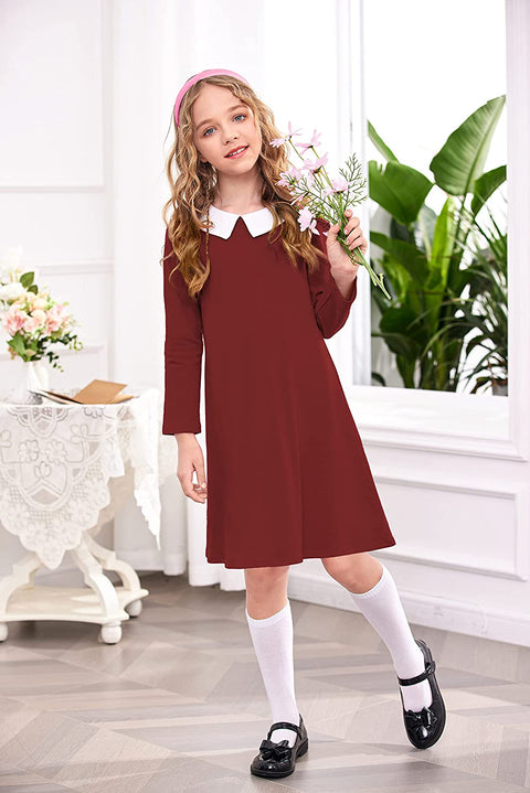 Arshiner Girls Long Sleeve Vintage Peter Pan Collar T-Shirt Dress Age 4-13 Years
