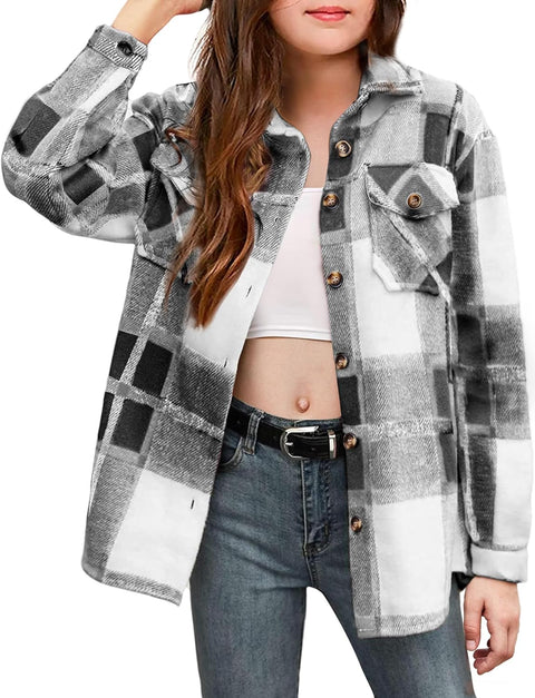 Arshiner Girls Flannel Plaid Jackets Button Down Long Sleeve Shirts Blouses Tops with Pockets Outfits