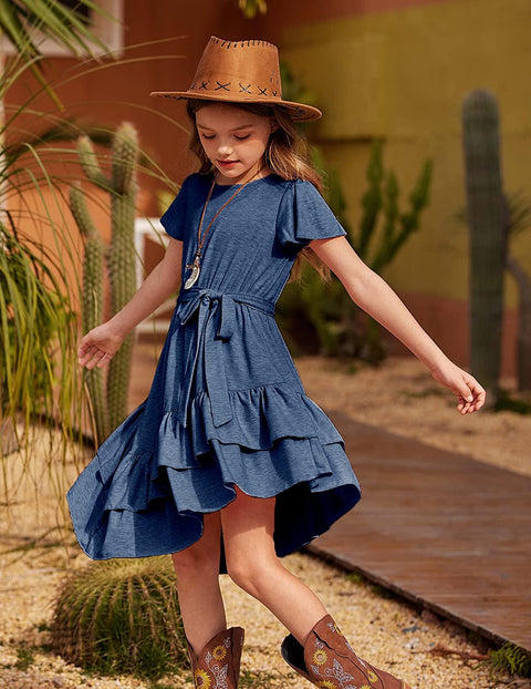 Arshiner Girls Dresses Long Sleeve Loose Plain Ruffle Swing Midi Dress