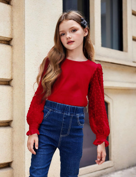 Arshiner Girls Long Sleeve Shirt with Ruffle Cuffs Polka Swiss Dots