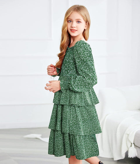 Arshiner Girls Long-Sleeve Tiered Dresses Square Neck Lantern Smocked Ruffle Layered Tie Back Dress