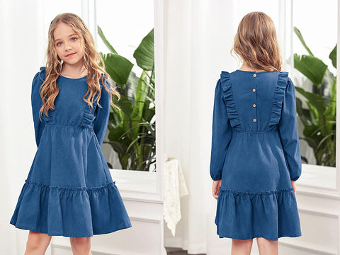 Arshiner Girls Dresses A-line Ruffled Button Corduroy Swing Dress